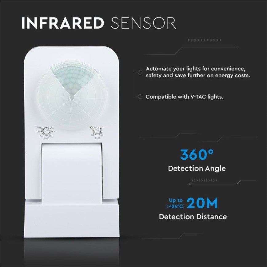Infrapuna väli liikumisandur 360° 1000W/230V IP65 valge
