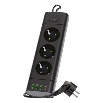 Jaotuspesa lülitiga LINEA PRO 3x230V + 3xUSB-A + 1xUSB-C SCHUKO 3 m must