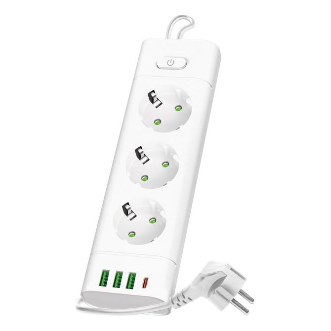 Jaotuspesa lülitiga LINEA PRO 3x230V + 3xUSB-A + 1xUSB-C SCHUKO 3 m valge