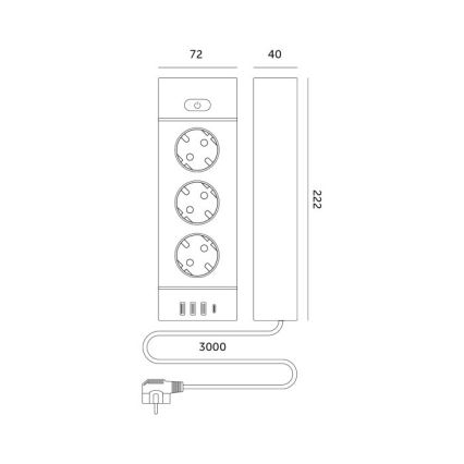 Jaotuspesa lülitiga LINEA PRO 3x230V + 3xUSB-A + 1xUSB-C SCHUKO 3 m valge