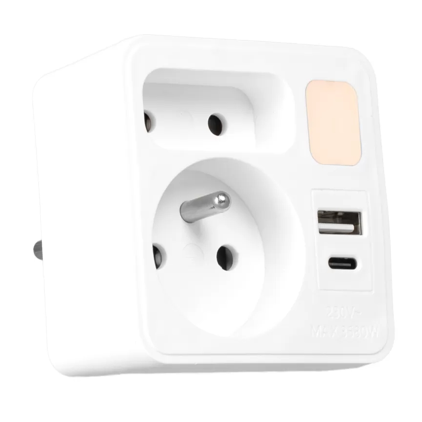 Pistikupesa jagaja 2x + USB-C + USB-A koos LED-valgustusega LED/0,5W/230V 3000K