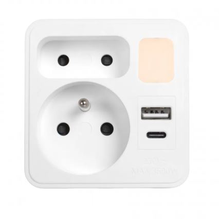 Pistikupesa jagaja 2x + USB-C + USB-A koos LED-valgustusega LED/0,5W/230V 3000K