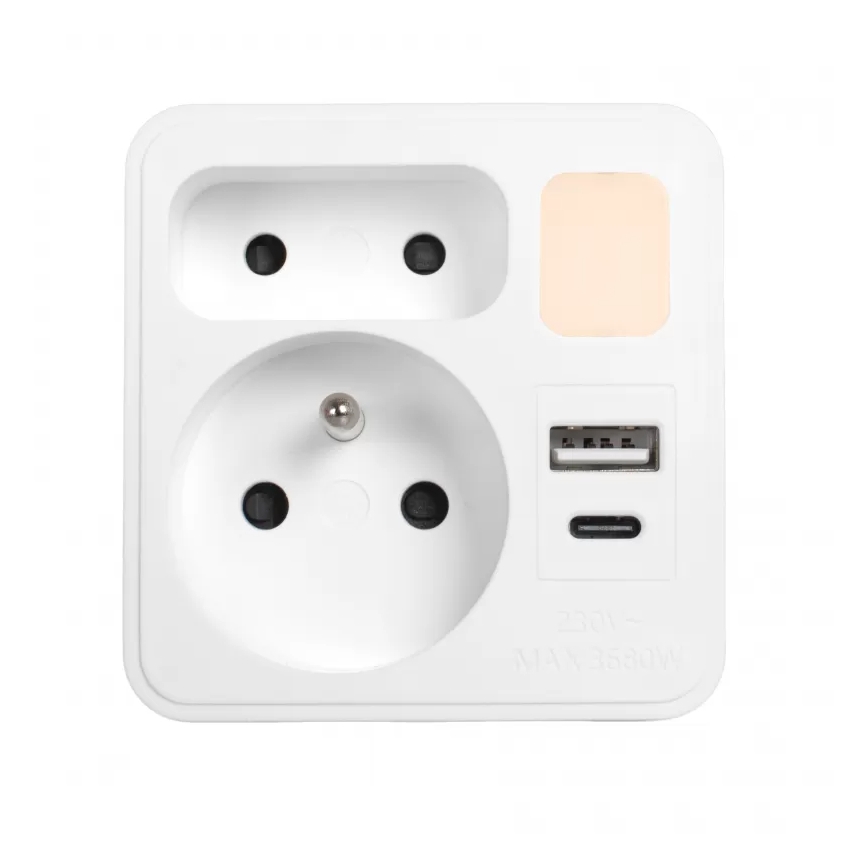 Pistikupesa jagaja 2x + USB-C + USB-A koos LED-valgustusega LED/0,5W/230V 3000K