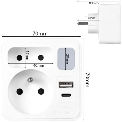 Pistikupesa jagaja 2x + USB-C + USB-A koos LED-valgustusega LED/0,5W/230V 3000K