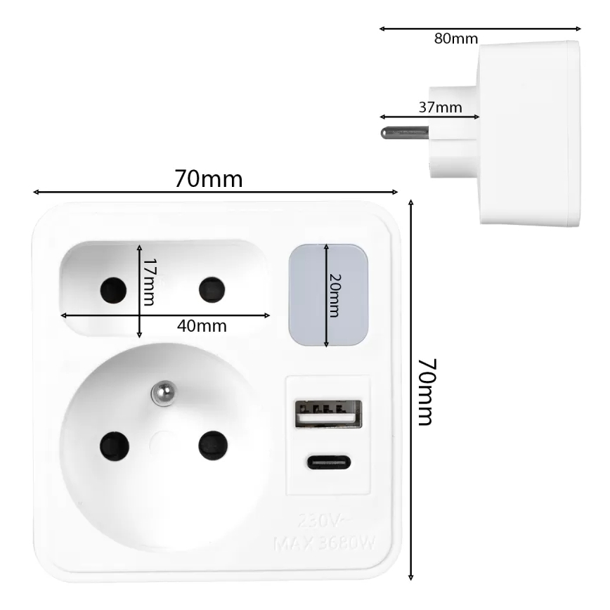 Pistikupesa jagaja 2x + USB-C + USB-A koos LED-valgustusega LED/0,5W/230V 3000K