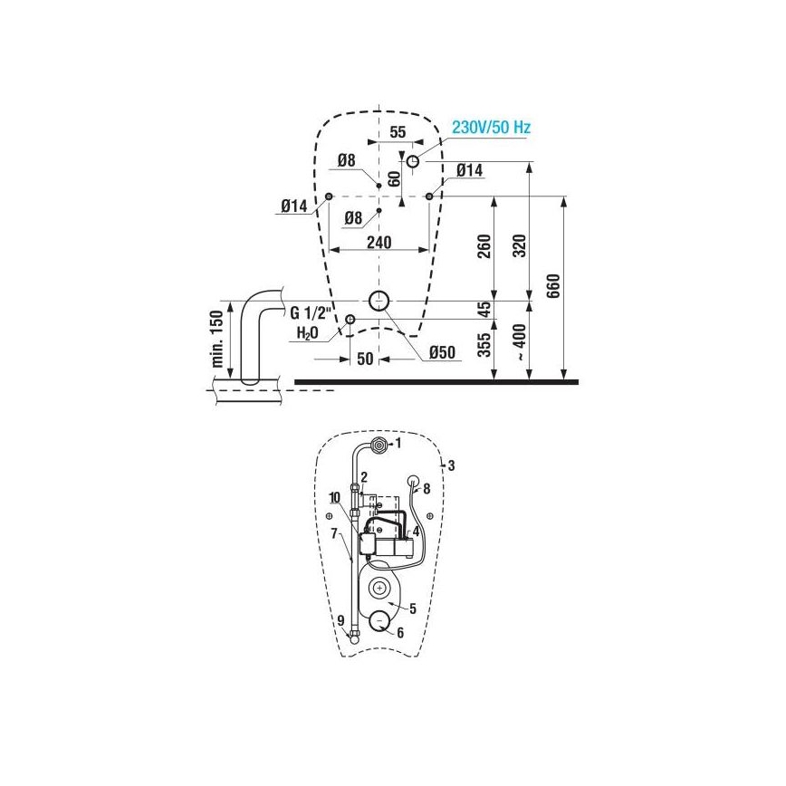 JIKA H8430700004901 - Pissuaar anduriga GOLEM 230V sisemine sisselase, tagumine äravool keraamika/valge