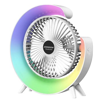 JOHNSON - LED RGB laetav laua ventilaator, mitmevärviline, LED/5W/3,7V, 1200 mAh, läbimõõt 14 cm, valge