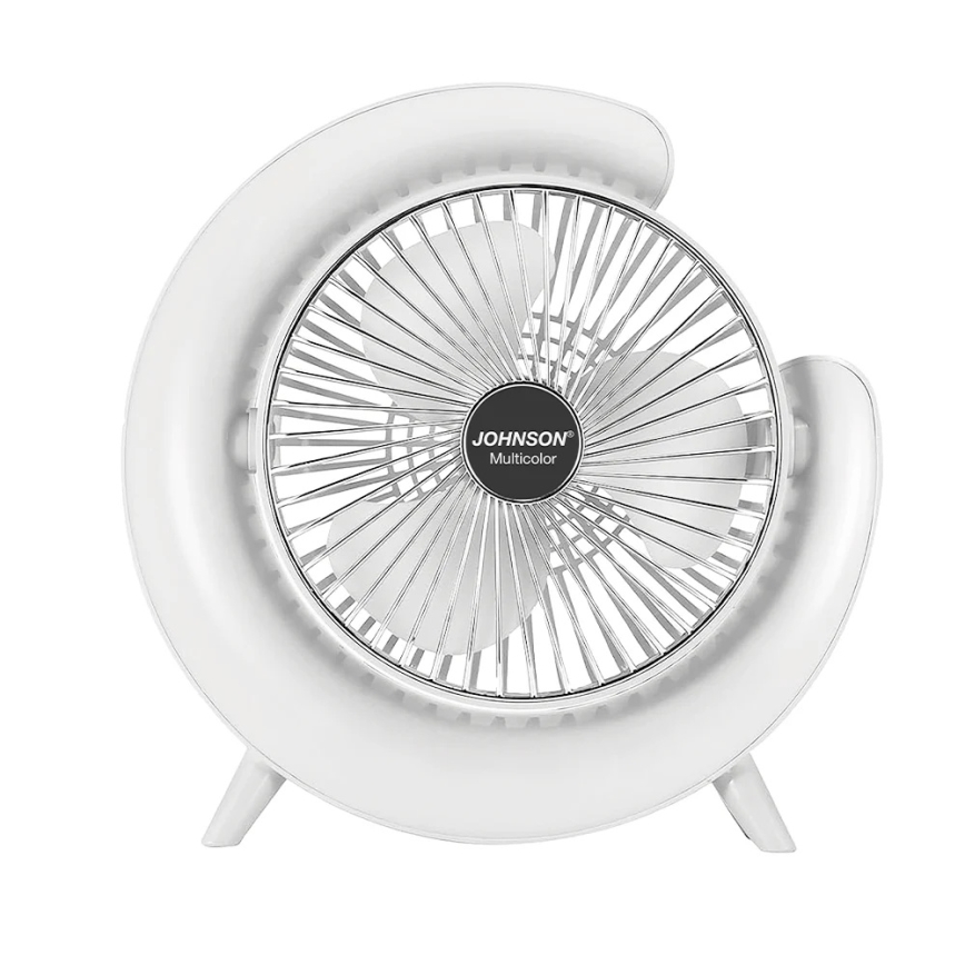 JOHNSON - LED RGB laetav laua ventilaator, mitmevärviline, LED/5W/3,7V, 1200 mAh, läbimõõt 14 cm, valge