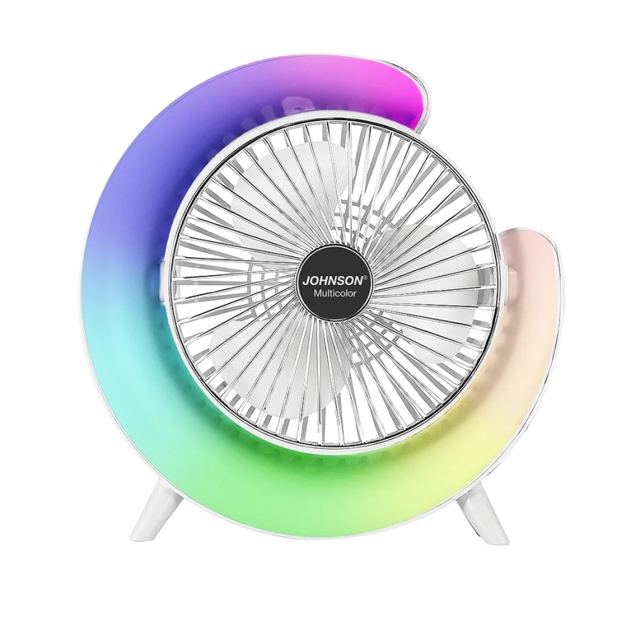 JOHNSON - LED RGB laetav laua ventilaator, mitmevärviline, LED/5W/3,7V, 1200 mAh, läbimõõt 14 cm, valge
