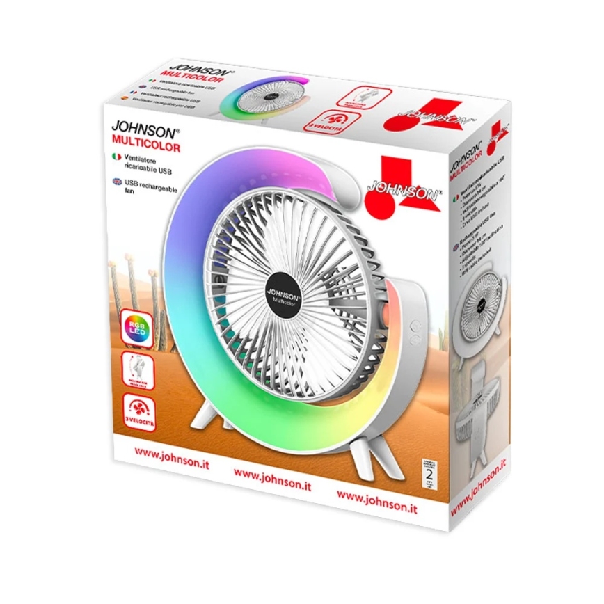 JOHNSON - LED RGB laetav laua ventilaator, mitmevärviline, LED/5W/3,7V, 1200 mAh, läbimõõt 14 cm, valge