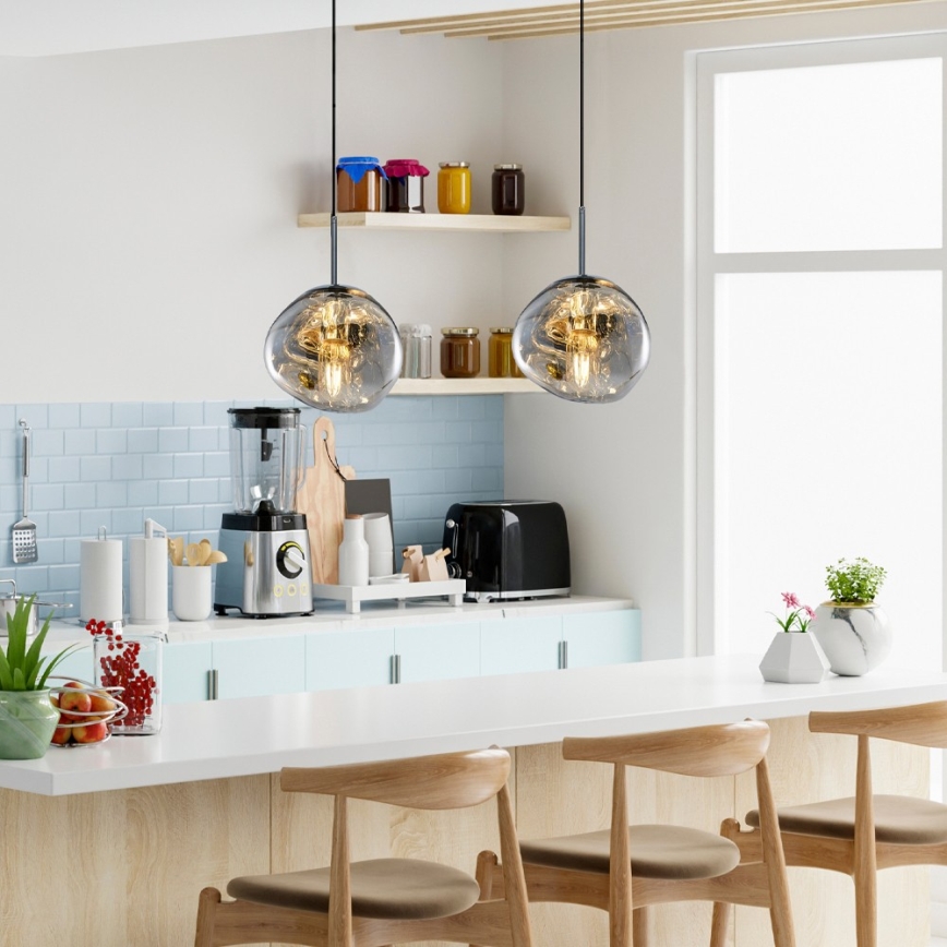 Juhtmega ripatsvalgusti CRUMPLED 1xE27/24W/230V, läbimõõt 18 cm, suitsuhall