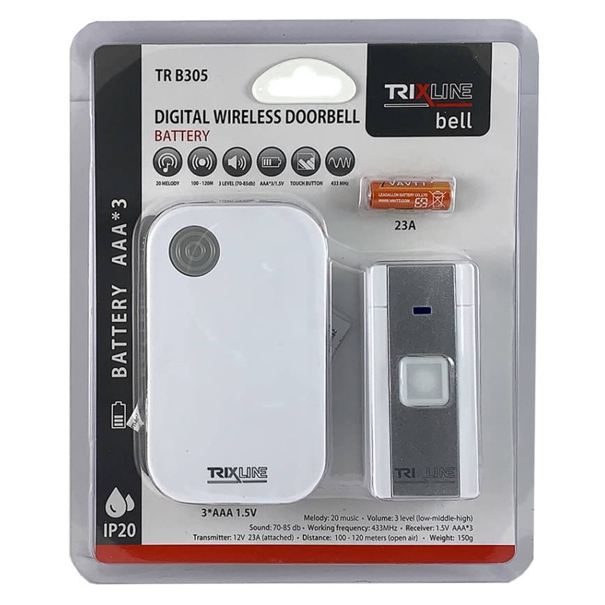 Juhtmevaba uksekell BELL 1x23A + 3xAAA valge