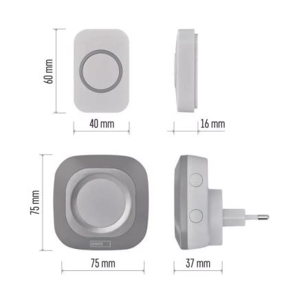 Juhtmevaba uksekell pistikuga 230V + 1xCR2032 IP44 hall