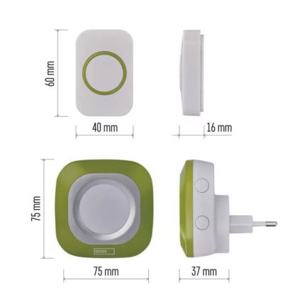 Juhtmevaba uksekell pistikuga 230V + 1xCR2032 IP44 roheline
