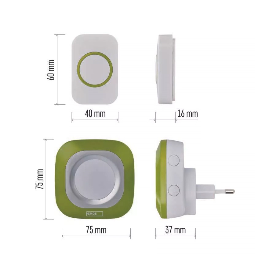 Juhtmevaba uksekell pistikuga 230V + 1xCR2032 IP44 roheline