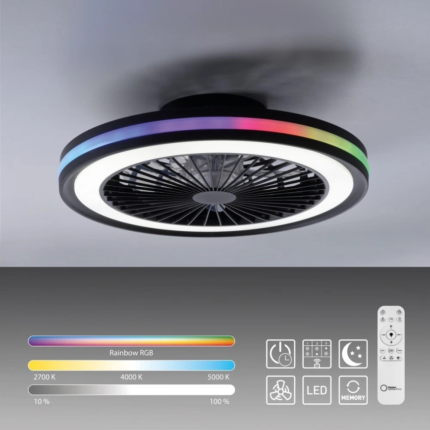 JUST LIGHT. 14649-18 - LED RGBW reguleeritav laeventilaator valgusega BRANDON LED/36W/230V 2700-5000K läbimõõt 46,5 cm must + kaugjuhtimispult