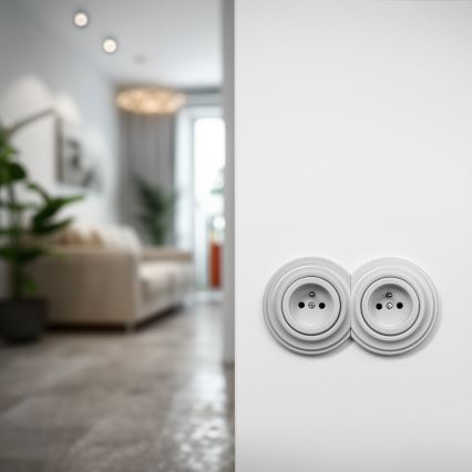 Kliklap - kodune topelt-retro pistikupesa raamiga, 230 V, keraamiline, valge