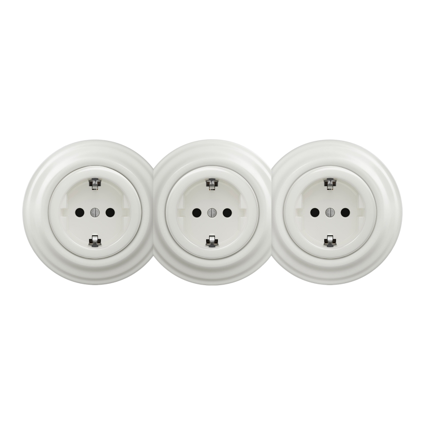 Kliklap - kolmekordne retro pistikupesa koduseks kasutamiseks, raamiga, SCHUKO 230V, valge