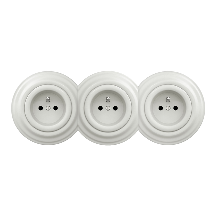 Kliklap - Kolmekordne retro pistikupesa raamiga, 230 V, valge