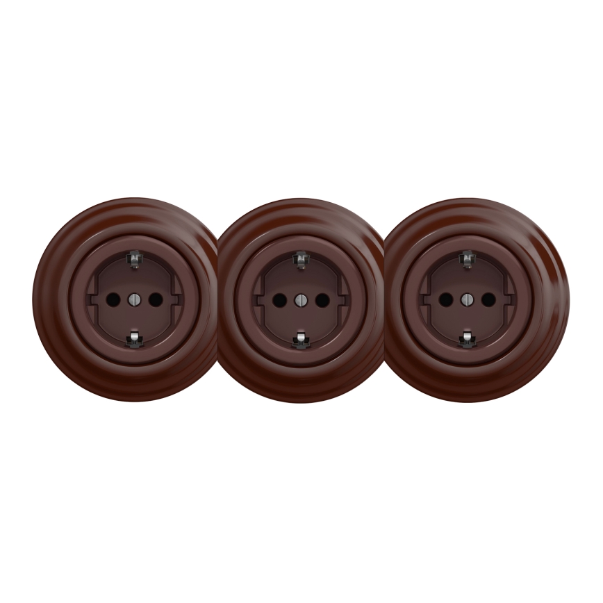 Kliklap - retro seinapistikupesa kolme SCHUKO-pesaga 230 V, pruun raamiga