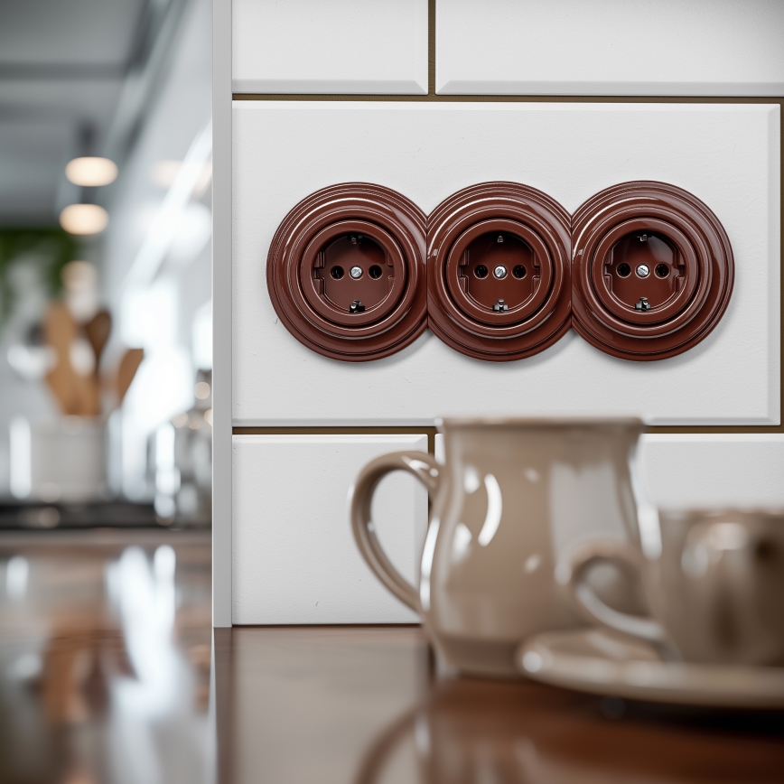 Kliklap - retro seinapistikupesa kolme SCHUKO-pesaga 230 V, pruun raamiga
