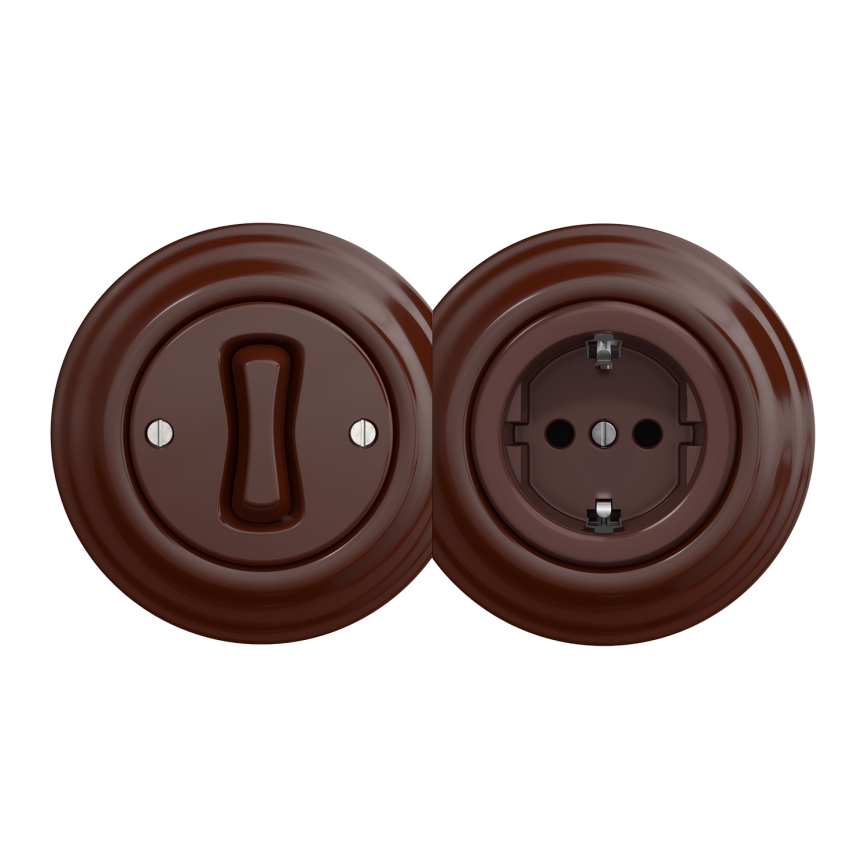 Kliklap – retro-stiilis ühepoolne lüliti nr 1 ja SCHUKO 230 V pistikupesa raamiga, pruun