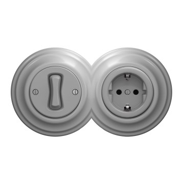 Kliklap - Retro ühepoline lüliti nr 1 ja SCHUKO-pistikupesa 230V raamiga, hall