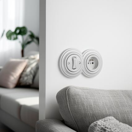 Kliklap - Retro ühepoolne lüliti nr 1 ja 230 V pistikupesa raamiga, valge keraamiline