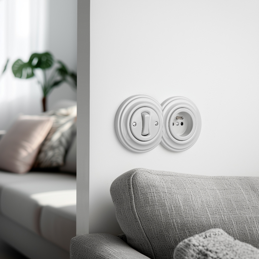 Kliklap - Retro ühepoolne lüliti nr 1 ja 230 V pistikupesa raamiga, valge keraamiline