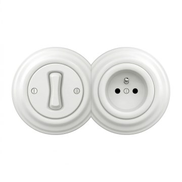 Kliklap - retro ühepoolne lüliti nr 1 ja 230 V pistikupesa raamiga, lumivalge
