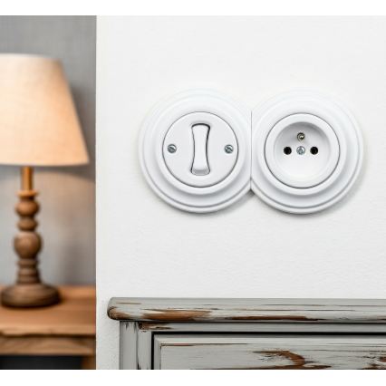 Kliklap - retro ühepoolne lüliti nr 1 ja 230 V pistikupesa raamiga, lumivalge