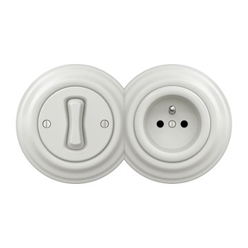 Kliklap - Retro ühepoolne lüliti nr 1 ja 230 V pistikupesa raamiga, valge keraamiline