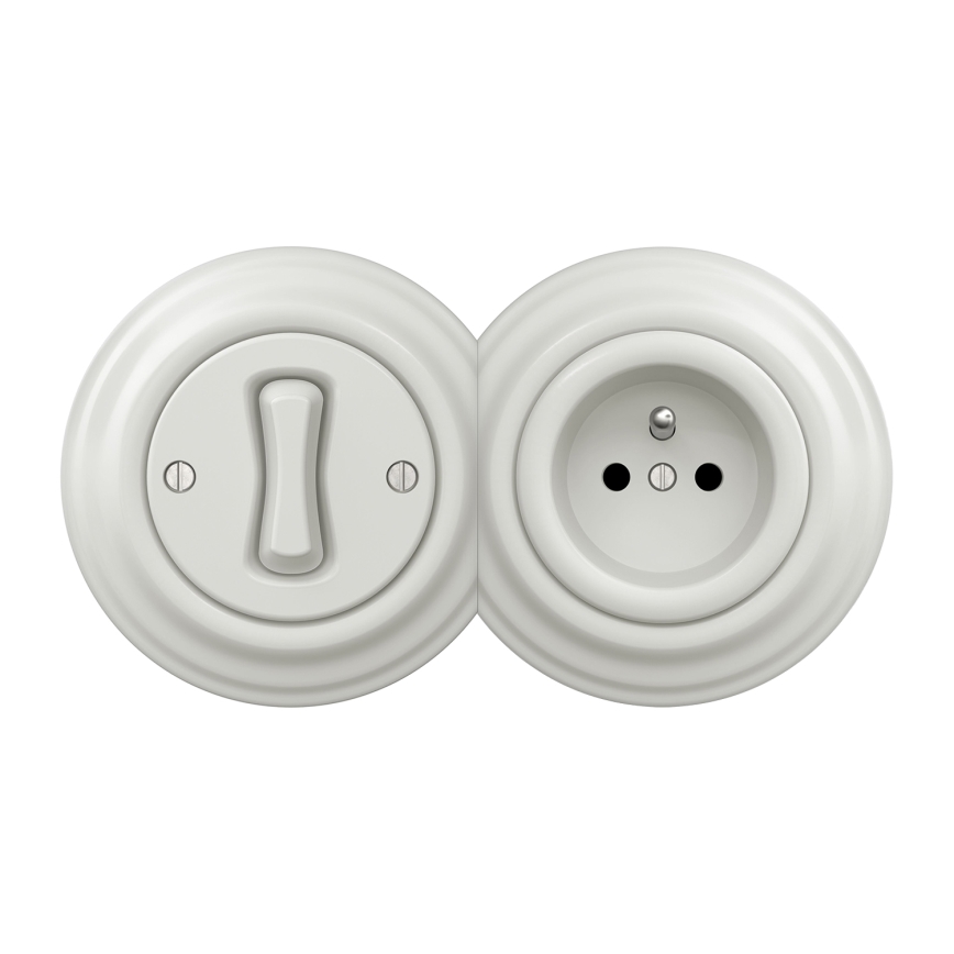 Kliklap - Retro ühepoolne lüliti nr 1 ja 230V pistikupesa raamiga, valge