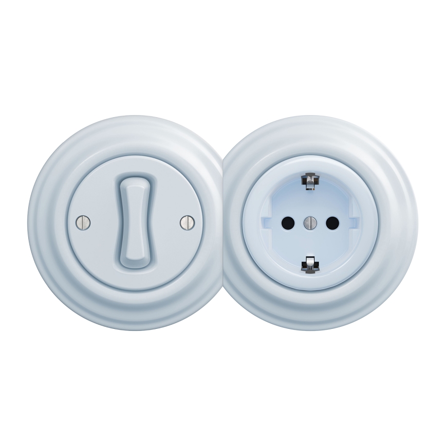 Kliklap - Retro ühepoolne lüliti nr 1 ja SCHUKO 230V pistikupesa raamiga, sinine