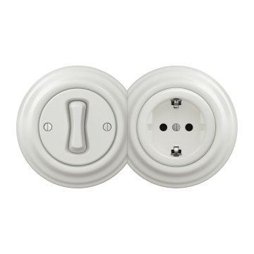 Kliklap - Retro ühepoolne lüliti nr 1 ja SCHUKO 230V pistikupesa raamiga valge