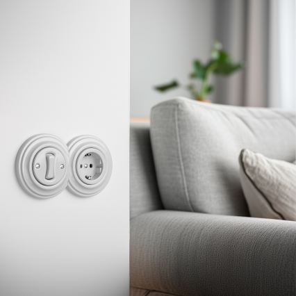 Kliklap - Retro ühepoolne lüliti nr. 1 ja SCHUKO-pistikupesa 230 V keraamilise raamiga, valge