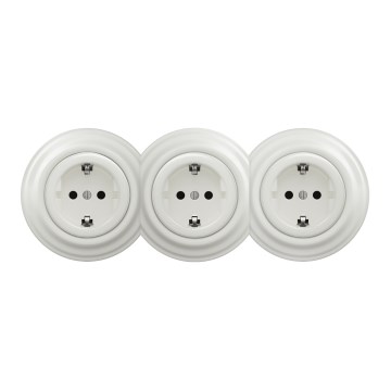 Kliklap - retrostiilis kolmikpistikupesa koduseks kasutamiseks, raamiga SCHUKO 230V, valge keraamiline