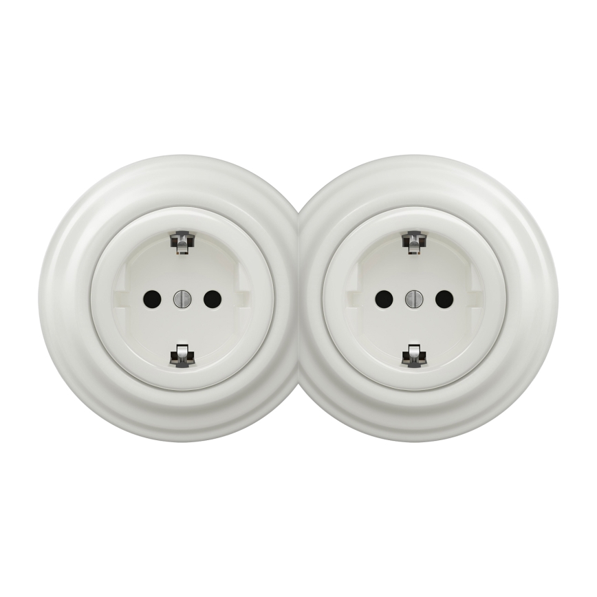 Kliklap – topelt retro kodune pistikupesa SCHUKO 230V/16A, valge raamiga