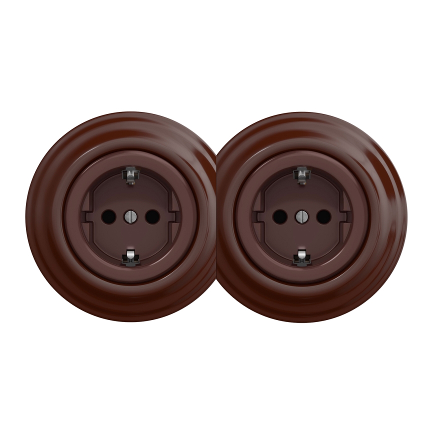 Kliklap - topelt retro pistikupesa SCHUKO 230 V raamiga, pruun