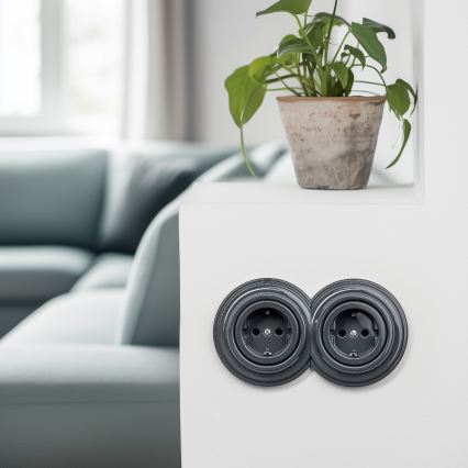 Kliklap - topelt retro seinapistikupesa SCHUKO raamiga, 230 V, antratsiit