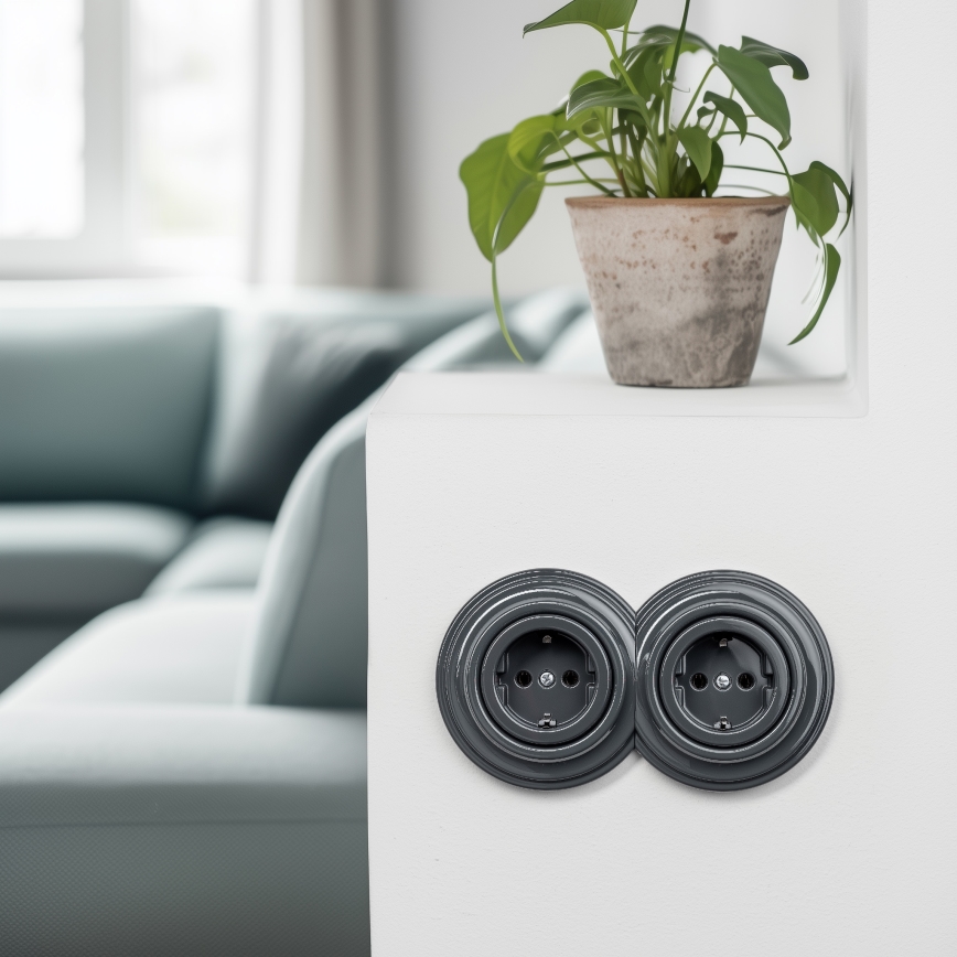 Kliklap - topelt retro seinapistikupesa SCHUKO raamiga, 230 V, antratsiit