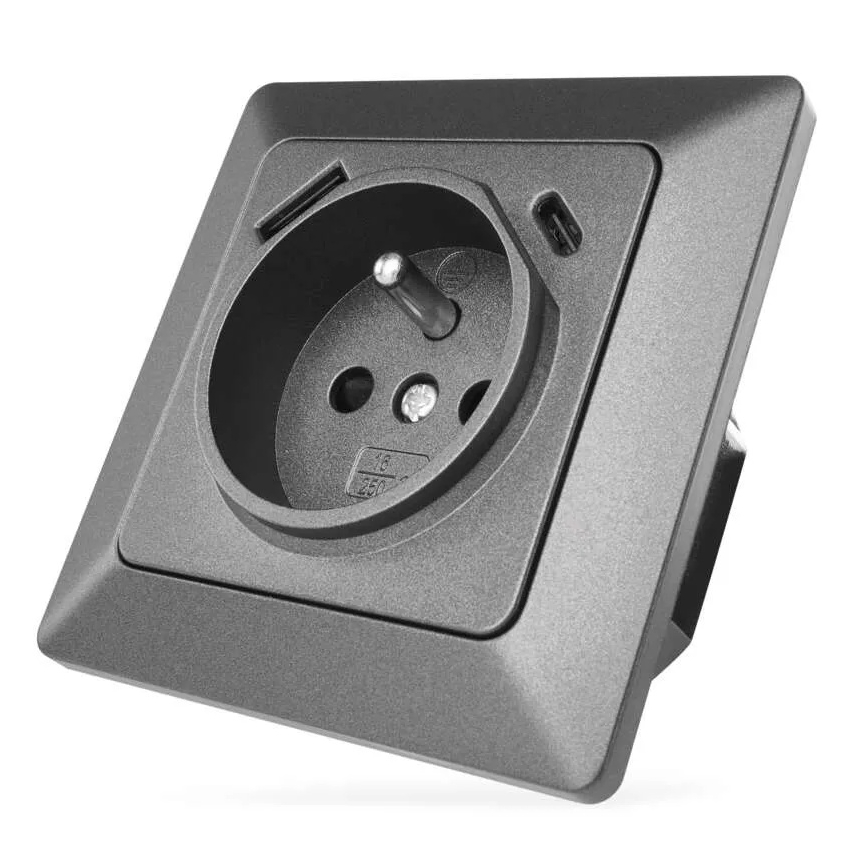 Kodune pistikupesa USB-A+USB-C, Prantsuse tüüpi, 250V/16A, antratsiit