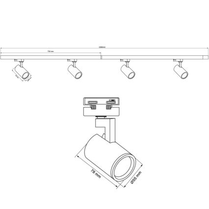 Kohtvalgusti rööbassüsteemile LYNX 4xGU10/10W/230V + 2 x 75 cm rööbassüsteem must