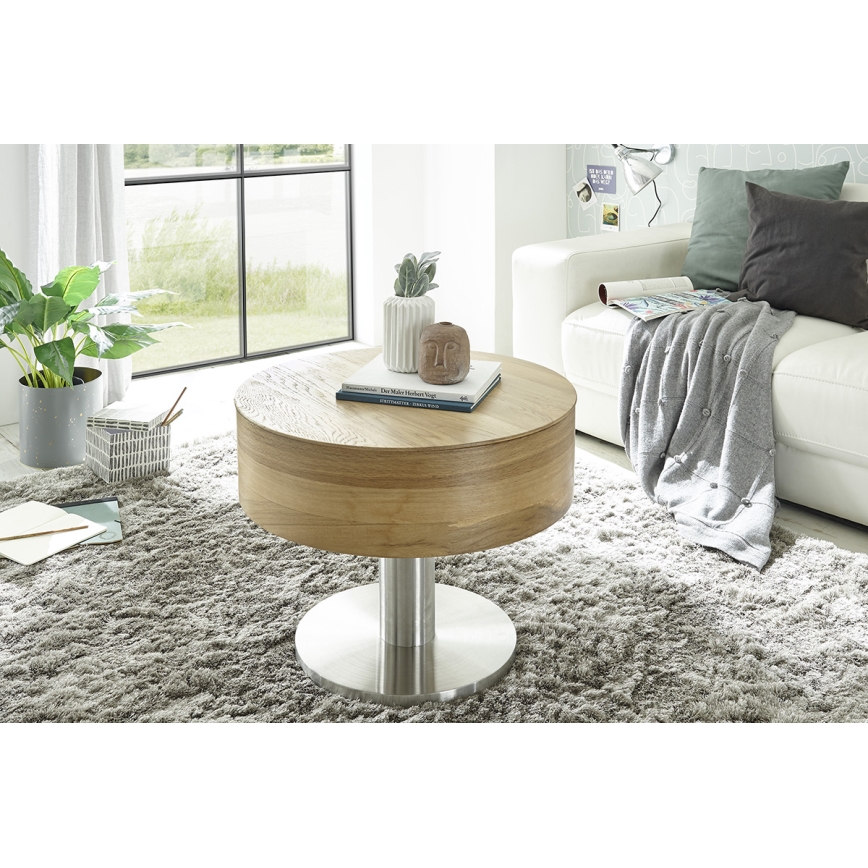 Kohvilaud ELEMENT tõstetava lauaplaadiga, Ø 60 cm, tamm/hõbe