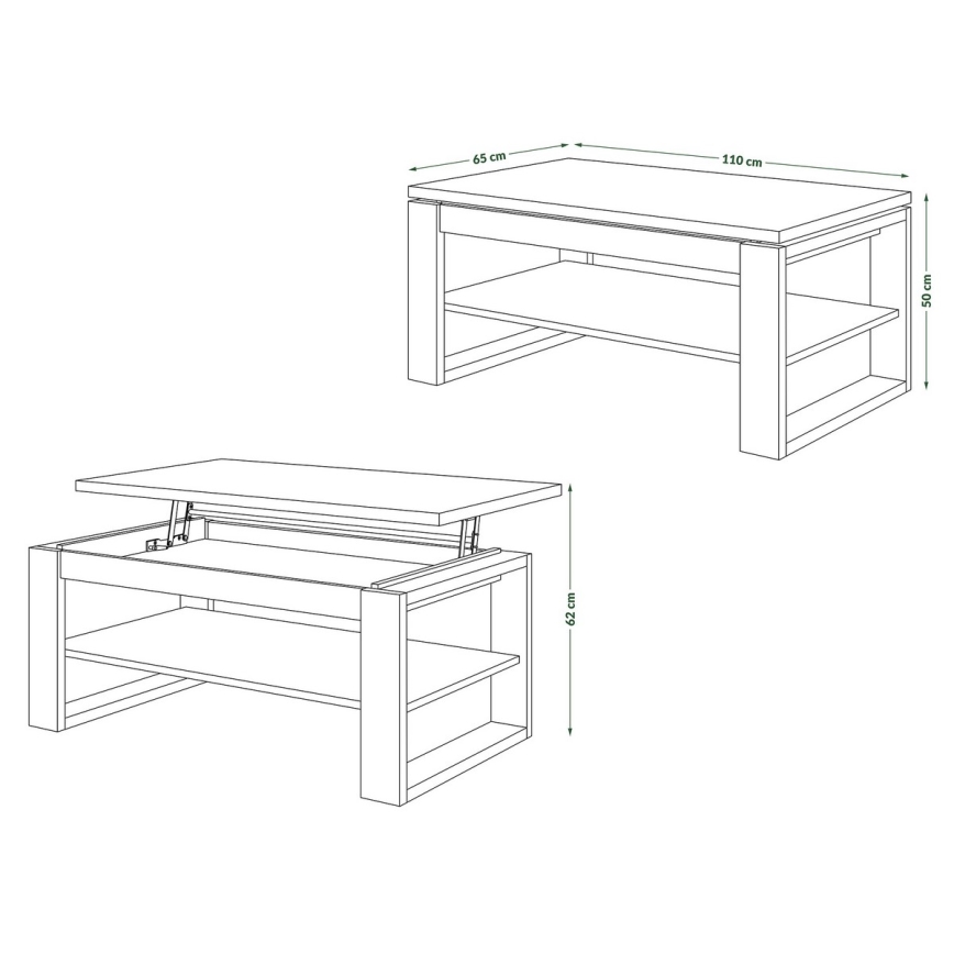 Kohvilaud NEA tõstetava lauaplaadi ja riiuliga, tamm craft/must
