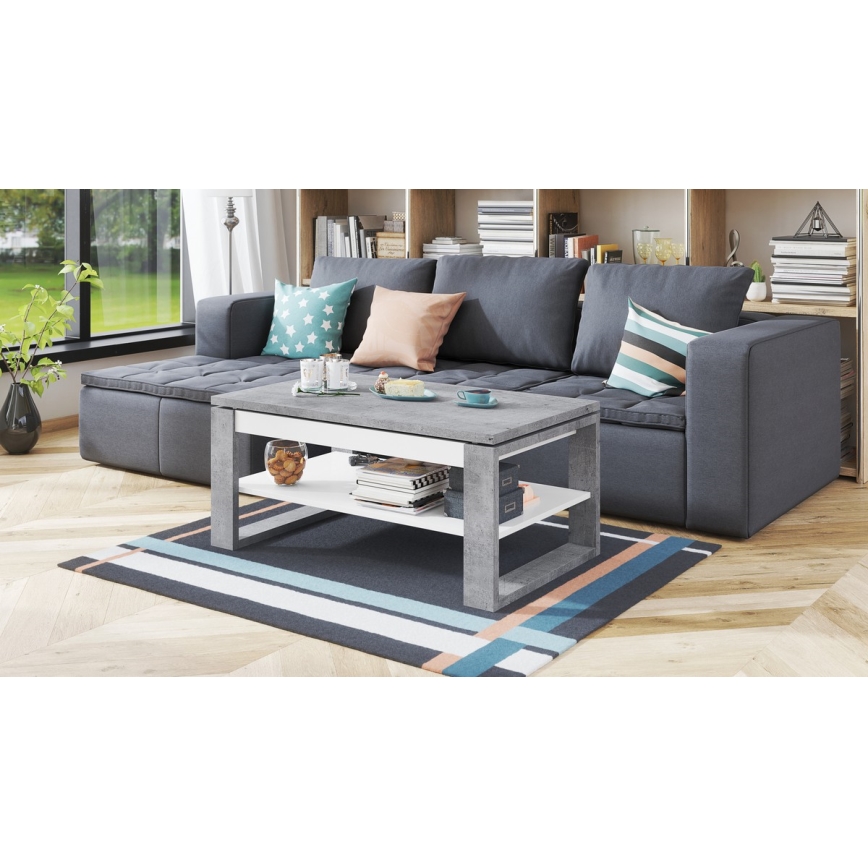 Kohvilaud NEA tõstetava lauaplaadiga ja riiuliga betoonhall/valge