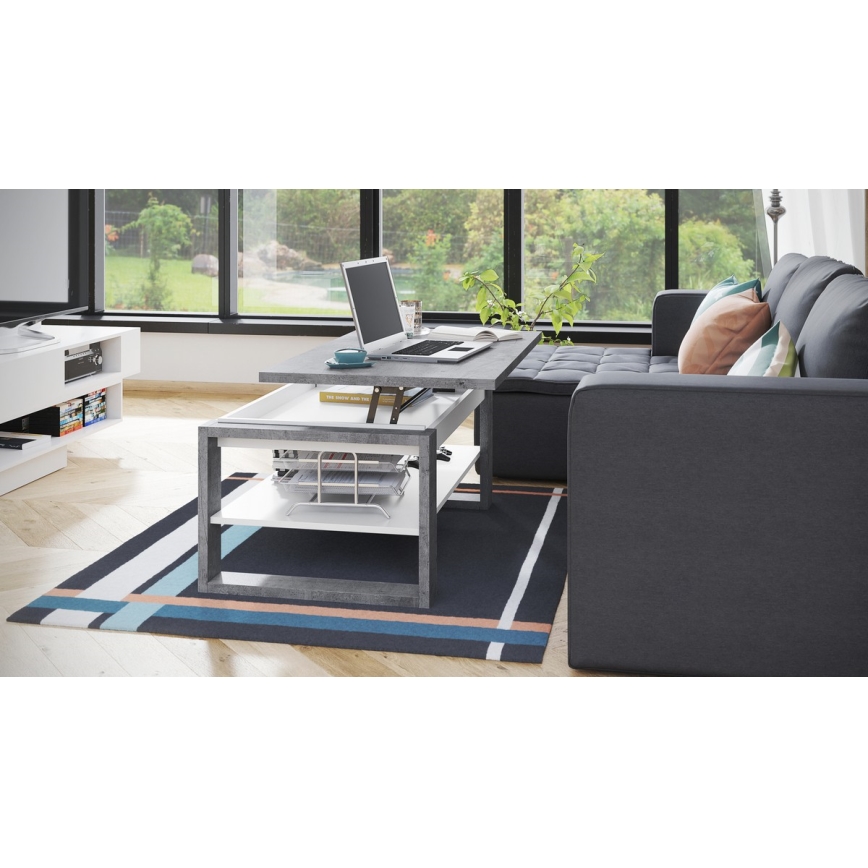 Kohvilaud NEA tõstetava lauaplaadiga ja riiuliga betoonhall/valge