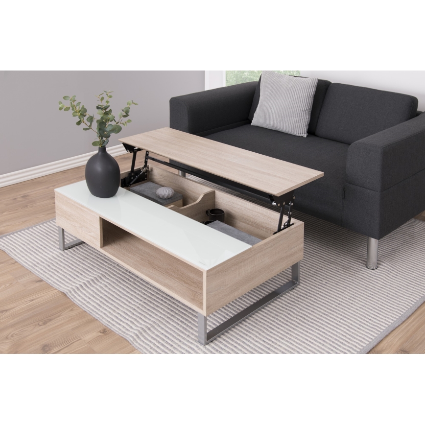 Kohvilaud tõstetava lauaplaadiga ENZO 110x60 cm valge/sonoma tamm