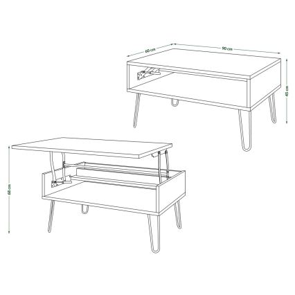 Kohvilaud tõstetava lauaplaadiga ja riiuliga HALIJA tamm craft/must