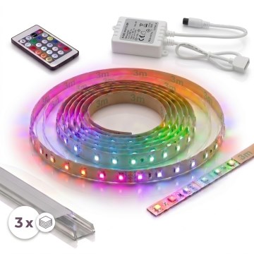 Komplekt 1x hämardatav LED RGBW-riba DIGITAL LED/9,6W/230V 3 m + 3x süvistatav profiil 1 m hõbedane/valge + kaugjuhtimispult